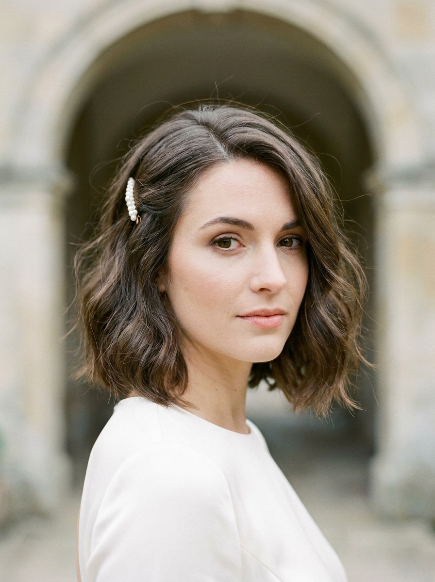 Bob mit feiner Perlenhaarspange - Brautfrisuren kurze Haare